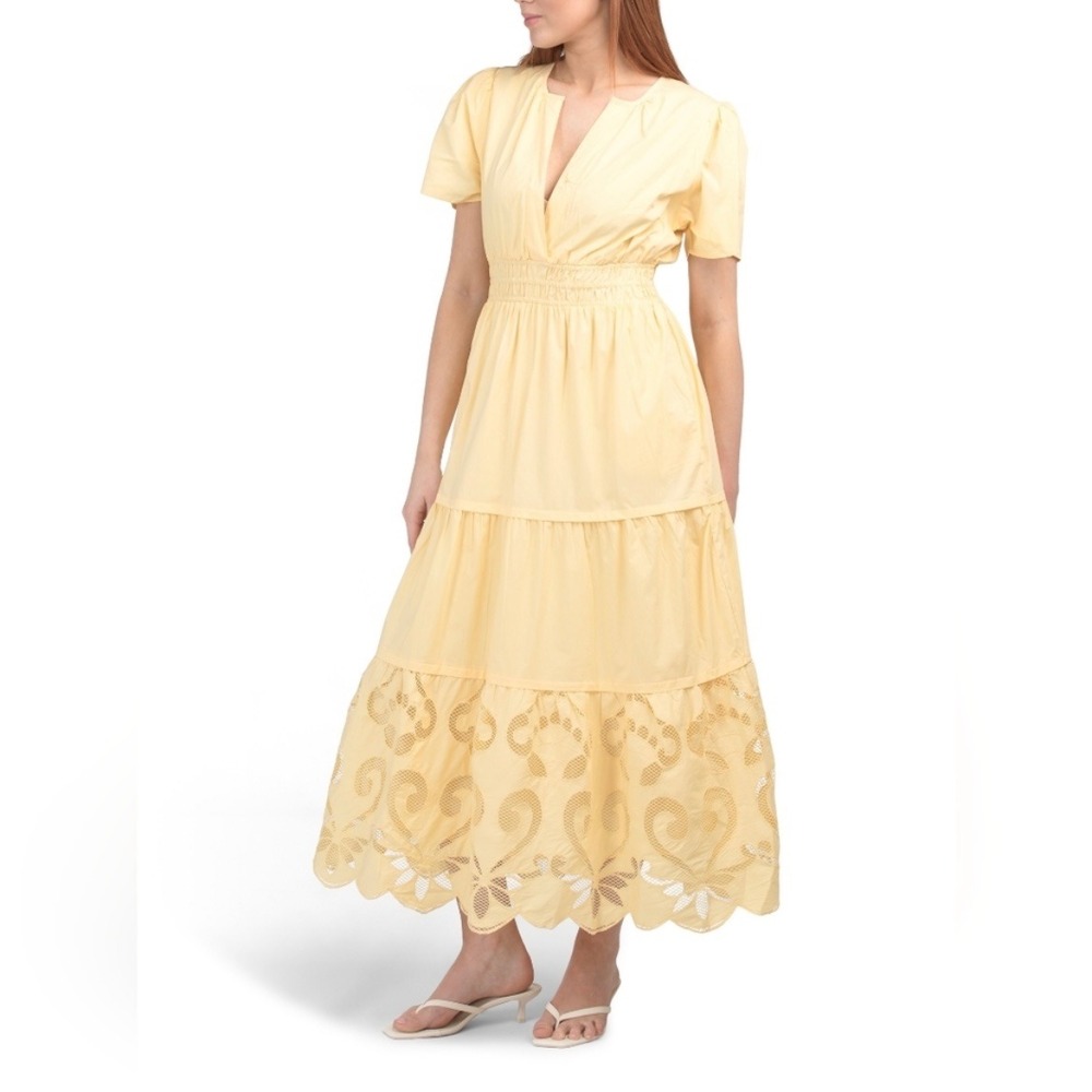 Haute Hippie cotton tiered smocked waist long dress Size M buttermilk yellow